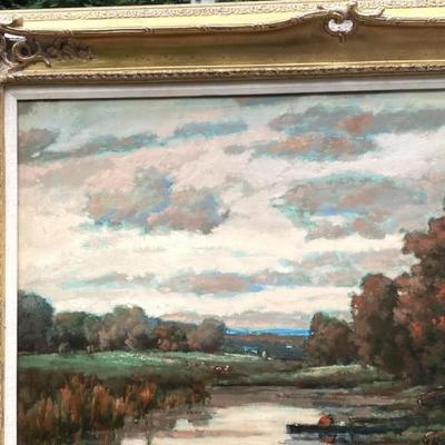 Sale Photo Thumbnail #638: Description: This exquisite vintage landscape painting is a one-of-a-kind piece signed by the artist, A. Wilson.  The painting depicts a pasture scene with pond, cows, figures, and the impressionist style captures the essence of the landscape, with stunni