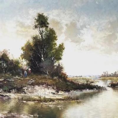 Sale Photo Thumbnail #673: Description: Antique Original Large Oil On Canvas European River Landscape With Figures Signed Hofer! This antique painting is a one-of-a-kind piece signed by the artist Hofer.  The painting depicts a beautiful river landscape with figures and is framed i