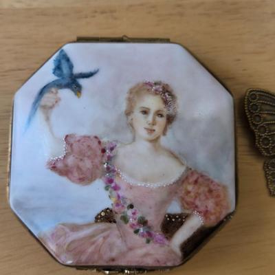 Handpainted Brass and Porcelain Trinket Box and Brooch