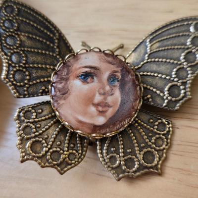 Handpainted Brass and Porcelain Trinket Box and Brooch