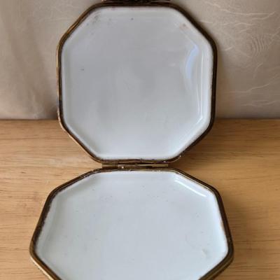 Handpainted Brass and Porcelain Trinket Box and Brooch