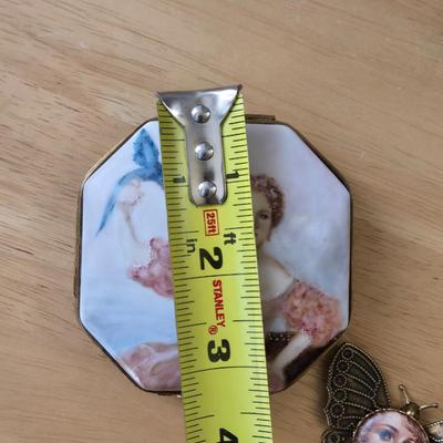 Handpainted Brass and Porcelain Trinket Box and Brooch