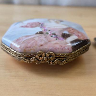 Handpainted Brass and Porcelain Trinket Box and Brooch