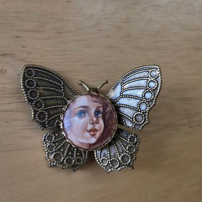 Handpainted Brass and Porcelain Trinket Box and Brooch