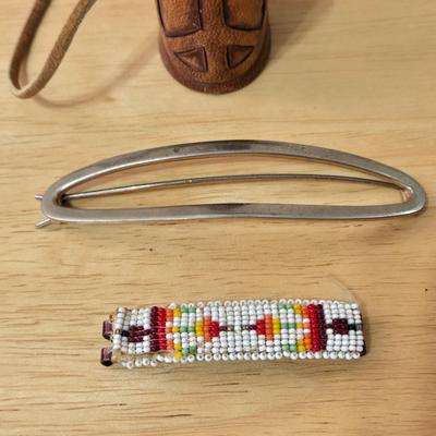Vintage Hair Clips and Tooled Leather Lighter Holder or Shot Glass Holder