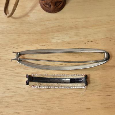Vintage Hair Clips and Tooled Leather Lighter Holder or Shot Glass Holder