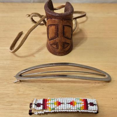 Vintage Hair Clips and Tooled Leather Lighter Holder or Shot Glass Holder