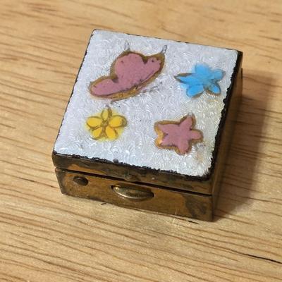 Small Vintage Enamel Box and Pink Stone Bunny Pin and Earrings