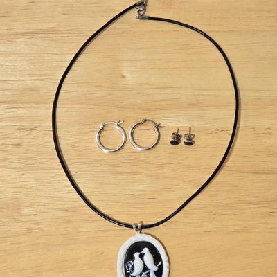 (2) Sets of Sterling Earrings and a Love Birds Necklace