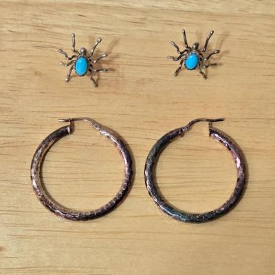Sterling Silver Hammered Hoops and Turquoise and Spider Native American Earrings