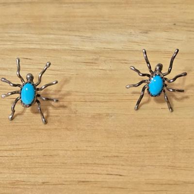 Sterling Silver Hammered Hoops and Turquoise and Spider Native American Earrings