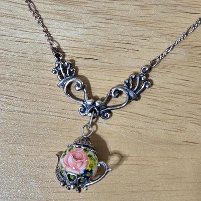 Sterling Silver & Porcelain Teapot Necklace
