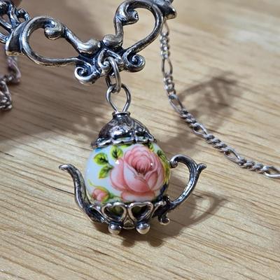 Sterling Silver & Porcelain Teapot Necklace
