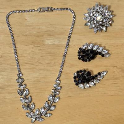 Vintage Rhinestone Necklace, Earrings, and Brooch