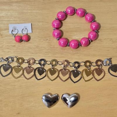 Heart Bracelet & Earrings and Pink Beaded Bracelet & Earrings