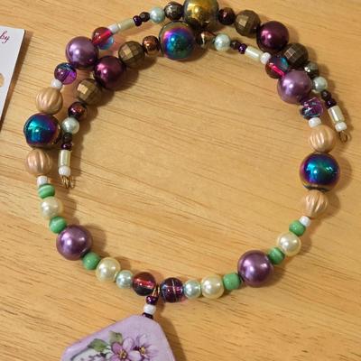 Artist Made Handpainted Pendant and Beaded Necklace, and Earrings Set