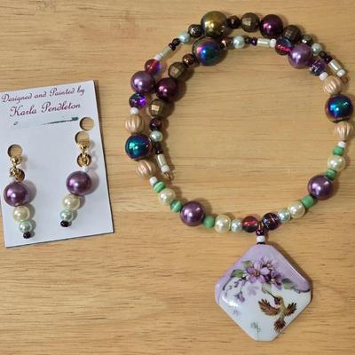 Artist Made Handpainted Pendant and Beaded Necklace, and Earrings Set