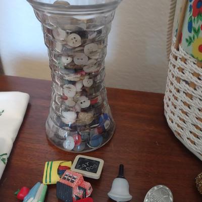 WICKER SEWING BASKET, OLD BUTTONS, EMBROIDERED PILLOWCASES AND MORE