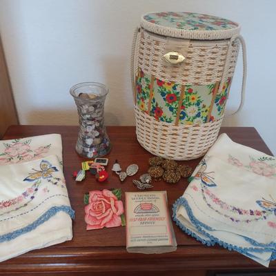 WICKER SEWING BASKET, OLD BUTTONS, EMBROIDERED PILLOWCASES AND MORE