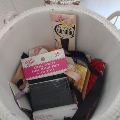 WICKER SEWING BASKET, OLD BUTTONS, EMBROIDERED PILLOWCASES AND MORE