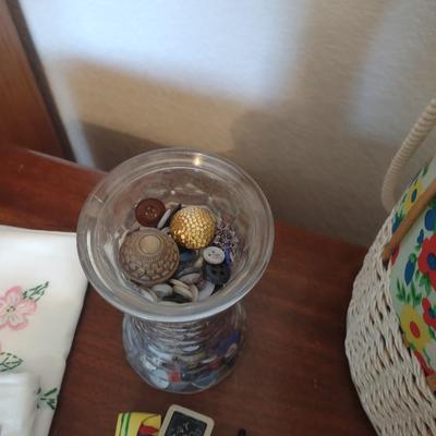 WICKER SEWING BASKET, OLD BUTTONS, EMBROIDERED PILLOWCASES AND MORE