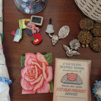 WICKER SEWING BASKET, OLD BUTTONS, EMBROIDERED PILLOWCASES AND MORE
