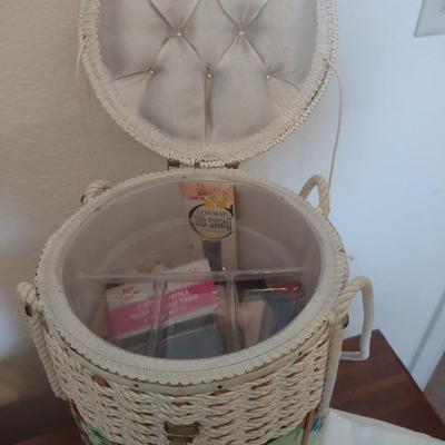 WICKER SEWING BASKET, OLD BUTTONS, EMBROIDERED PILLOWCASES AND MORE