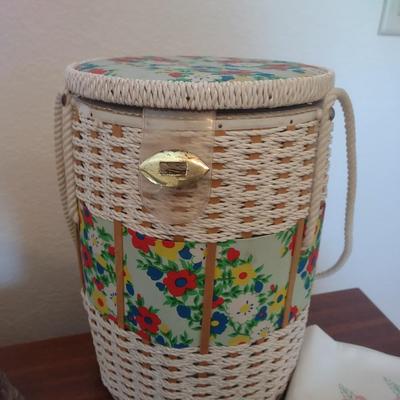 WICKER SEWING BASKET, OLD BUTTONS, EMBROIDERED PILLOWCASES AND MORE