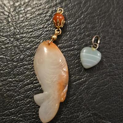 Jade Heart Pendant and Agate Fish Pendant
