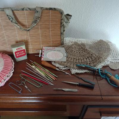 CRAFT TOTE, CROCHET AND LATCH HOOK NEEDLES, LARGE DOILIES AND MORE