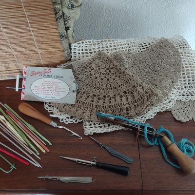 CRAFT TOTE, CROCHET AND LATCH HOOK NEEDLES, LARGE DOILIES AND MORE