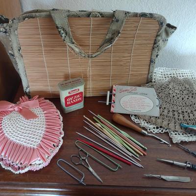 CRAFT TOTE, CROCHET AND LATCH HOOK NEEDLES, LARGE DOILIES AND MORE