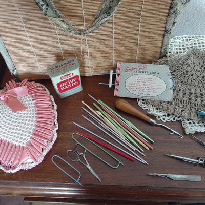 CRAFT TOTE, CROCHET AND LATCH HOOK NEEDLES, LARGE DOILIES AND MORE