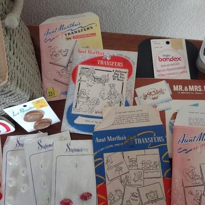 NEW SEWING BOX, OLD BUTTONS, IRON ON TRANSFERS AND MORE
