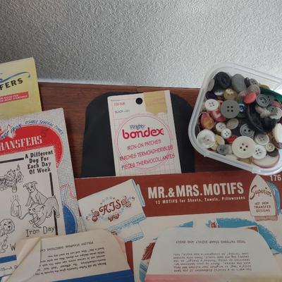 NEW SEWING BOX, OLD BUTTONS, IRON ON TRANSFERS AND MORE