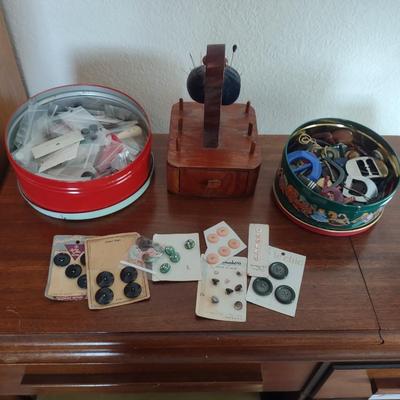 OLD BUTTONS, WOODEN THREAD HOLDER AND MORE
