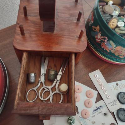 OLD BUTTONS, WOODEN THREAD HOLDER AND MORE