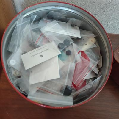 OLD BUTTONS, WOODEN THREAD HOLDER AND MORE