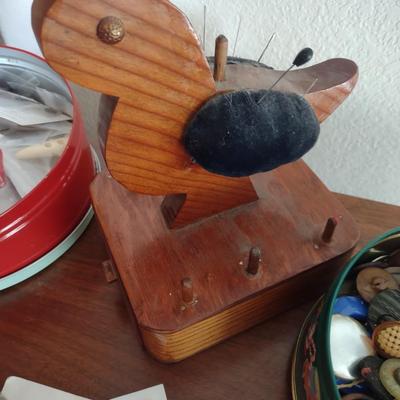 OLD BUTTONS, WOODEN THREAD HOLDER AND MORE