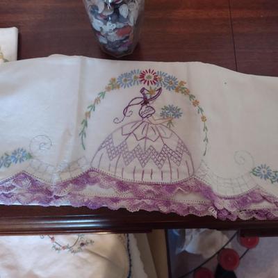 OLD BUTTONS, HAND EMBROIDERED PILLOWCASES AND TABLECLOTH