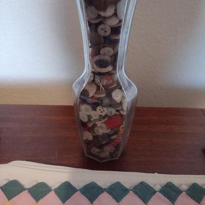 OLD BUTTONS, HAND EMBROIDERED PILLOWCASES AND TABLECLOTH