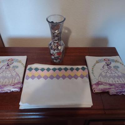 OLD BUTTONS, HAND EMBROIDERED PILLOWCASES AND TABLECLOTH