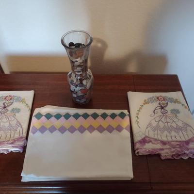 OLD BUTTONS, HAND EMBROIDERED PILLOWCASES AND TABLECLOTH
