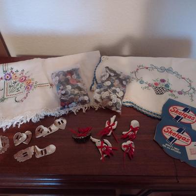 HAND EMBROIDERED LINENS, OLD BUTTONS AND MORE