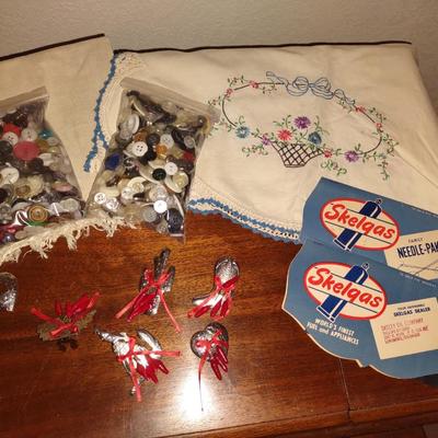 HAND EMBROIDERED LINENS, OLD BUTTONS AND MORE