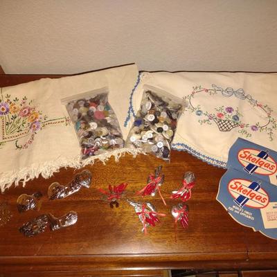 HAND EMBROIDERED LINENS, OLD BUTTONS AND MORE