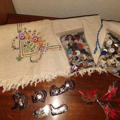 HAND EMBROIDERED LINENS, OLD BUTTONS AND MORE