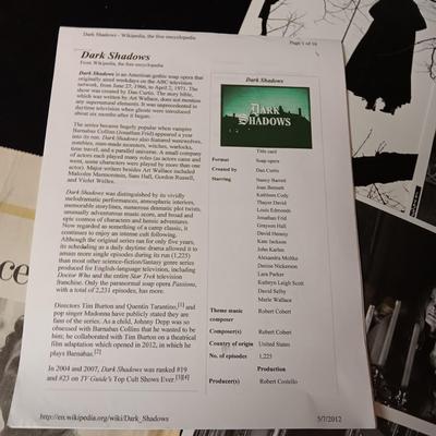 "DARK SHADOWS" PRODUCTION NOTES AND 8X10 PHOTOS