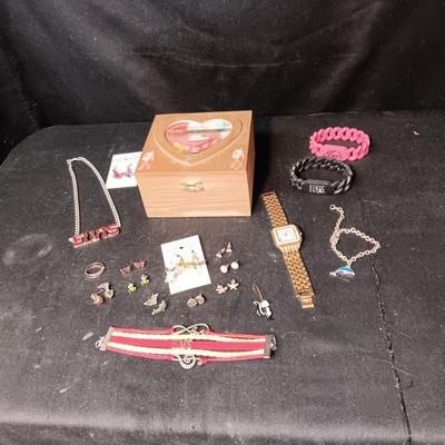 ELVIS BRACELETS, NECKLACE AND JEWELRY BOX PLUS OTHER JEWELRY