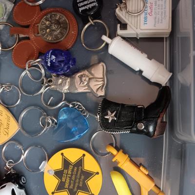 PLASTIC STORAGE CONTAINER FILLED WITH UNIQUE KEYCHAINS